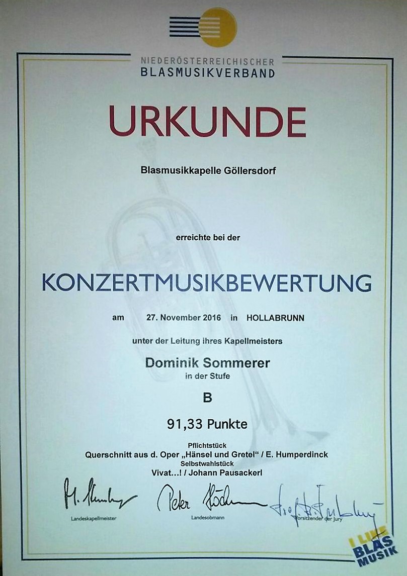 Urkunde Konzertmusikbewertung 2016